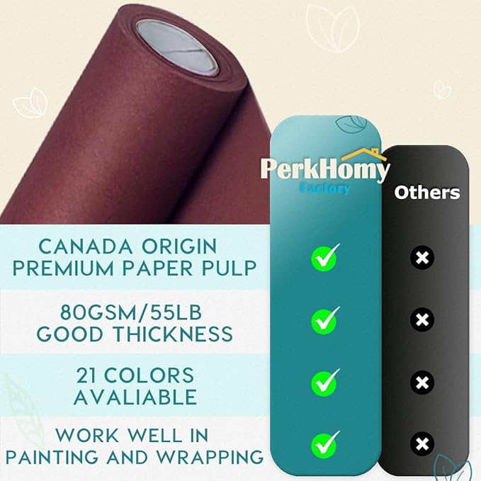 PerkHomy 48" x 2,400" (200') Wine Red Kraft Paper Roll for Craft Bulletin Board Paper Art Table Covering Crafting Gift Wrapping Bouquet Packing Parcel 80GSM 55LB (Wine Red, 48" x 200')
