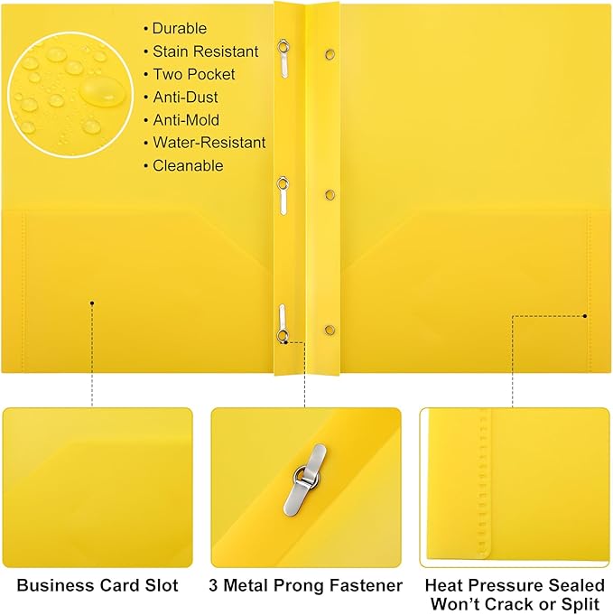 Patelai 48 Pcs Plastic Folders with 2 Pockets and 3 Prongs Home Folders with Card Slot Letter Size Heavy Duty Report Covers for Back to School(Yellow,Classic)