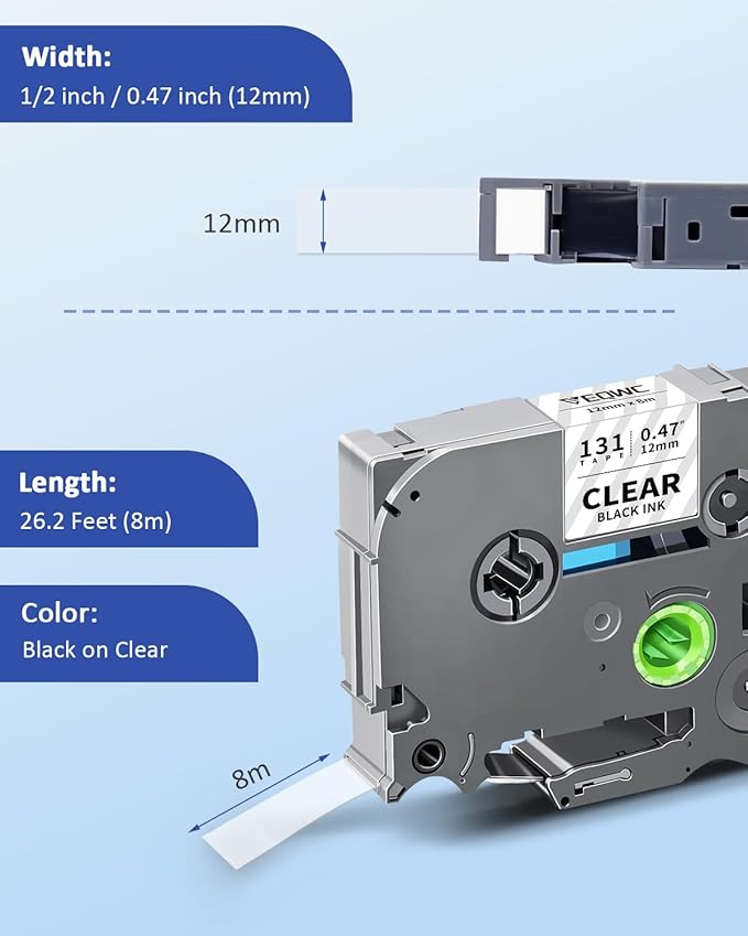 Tz-131 12mm 0.47 Laminated Clear TZ Tape Compatible for Brother P-Touch TZe-131 TZe Label Tape Black on Clear Label Maker Refills Work for Ptouch PT-D220 PT-H110 Pt-D210, 1/2 Inch x 26.2 ft, 4-Pack