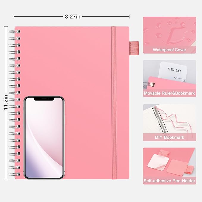 AHGXG Spiral Notebook College Ruled - Spiral Journal Perforated Notebook A4 8.5" x 11", 300 Pages Easy Tear Perforated Pages, 100GSM Thick Paper, Plastic Hardcover, for Writing Work School, Pink