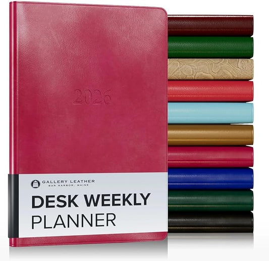 Gallery Leather Desk Weekly Monthly Planner 2025-2026, Elegantly Bound Calendar Planner and Notebook with Stylish Gold-Gilded Page Edges, 12 Months - Acadia Wild Rose - 8 x 5.5 "