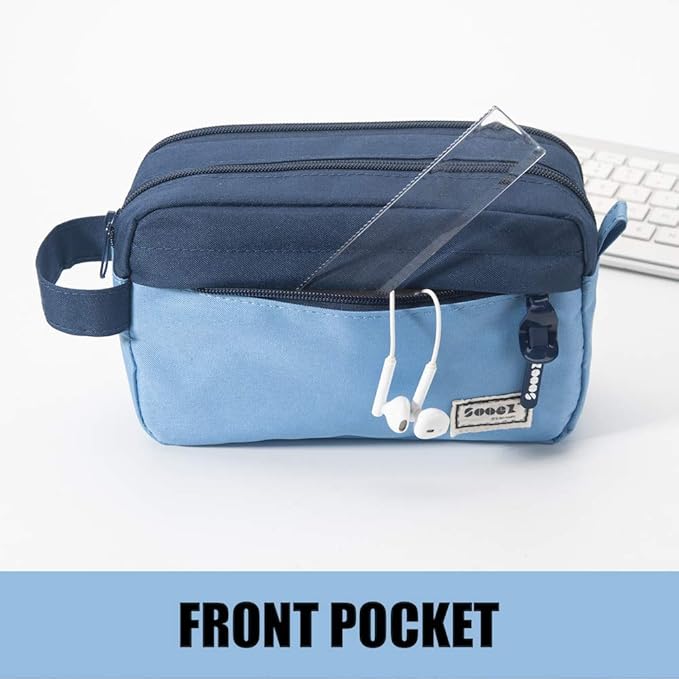 Sooez High Capacity Pencil Case, Big Pencil Bag Pouch Box Organizer Pen Case, Portable Journaling Supplies with Easy Grip Handle & Loop, Asthetic Supply for Girls Adults, Blue