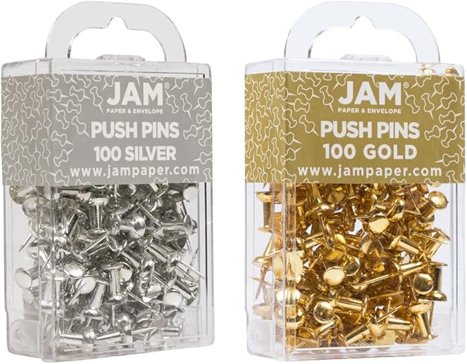 JAM PAPER Colorful Push Pins - Silver and Gold PushPins - 200/Pack