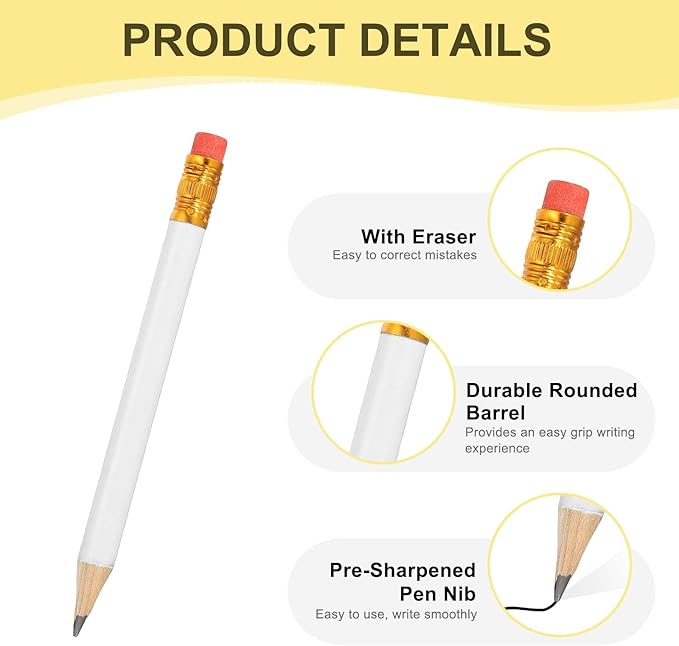 MECCANIXITY Golf Pencils with Erasers, 4" HB Mini Half Pencils Pre Sharpened Small Pens for Wedding Bridal Shower Game Office Writing Drawing(White, Pack of 50)