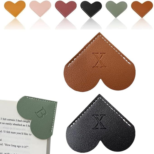 Personalized Leather Heart Bookmark, 26 Letters Customized Corner Book Mark for Reading Women, Book Marker with Initials，Cute Gifts (Black+Dark Brown, X)