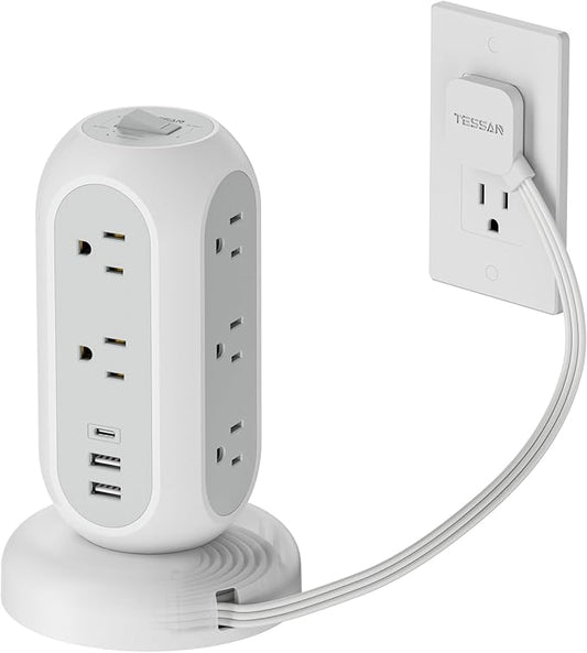 Surge Protector Power Strip Tower, TESSAN 5 FT Retractable Extension Cord with Multiple Outlets, 11 Outlets with 3 USB (1 USB C) Charging Station, 1050J, Office Desk Supplies, Dorm Essentials