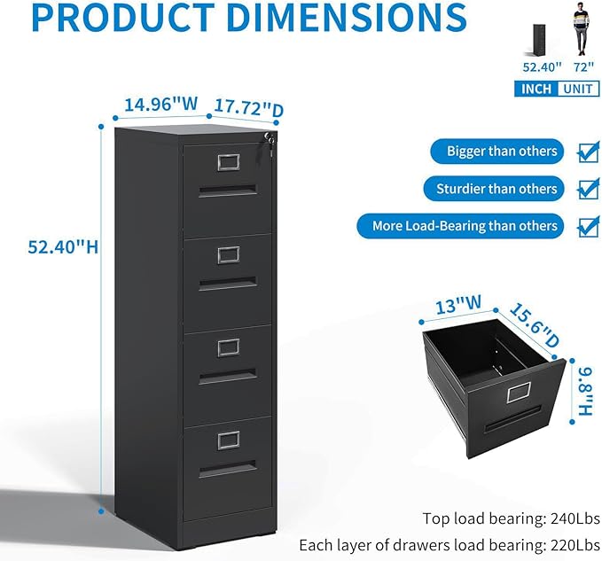 4 Drawer File Cabinet with Lock, Metal Vertical Filing Storage Cabinet for Home Office, Steel Vertical File Cabinets for A4 Legal/Letter Folders,Silent Sliding Drawers, Assembly Required (Black)