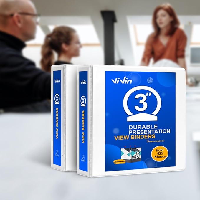 ViVin 3 Ring Binder 3 inch with Clear View Cover, Large 3" Round Ring for Strength, Holds 600 Sheets of US Letter Size Paper, Office Home School, 10 Pack (White)