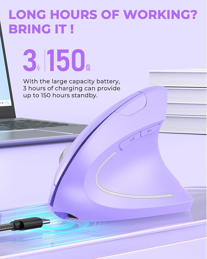 Lekvey Ergonomic Mouse, Vertical Wireless Mouse, Rechargeable 2.4G Optical Carpal Tunnel Mice with USB Receiver: 1000/1200 / 1600 DPI, 6 Buttons, for Laptop, Computer, PC, Desktop, Light Purple