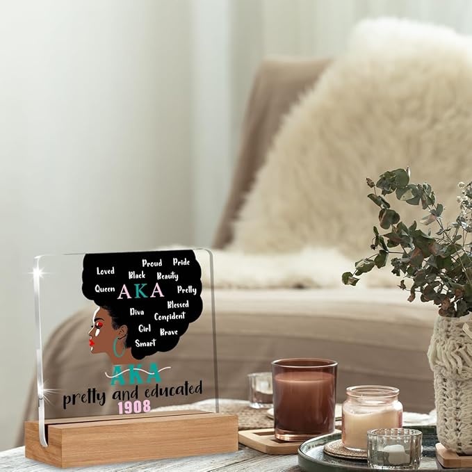 Aka Sorority Gifts for Women, Aka Paraphernalia Acrylic Plaque Gift, Alpha Kappa Alpha Sorority Gifts, Pretty and Educated AKA Desk Signs Decor 4 × 4 Inches