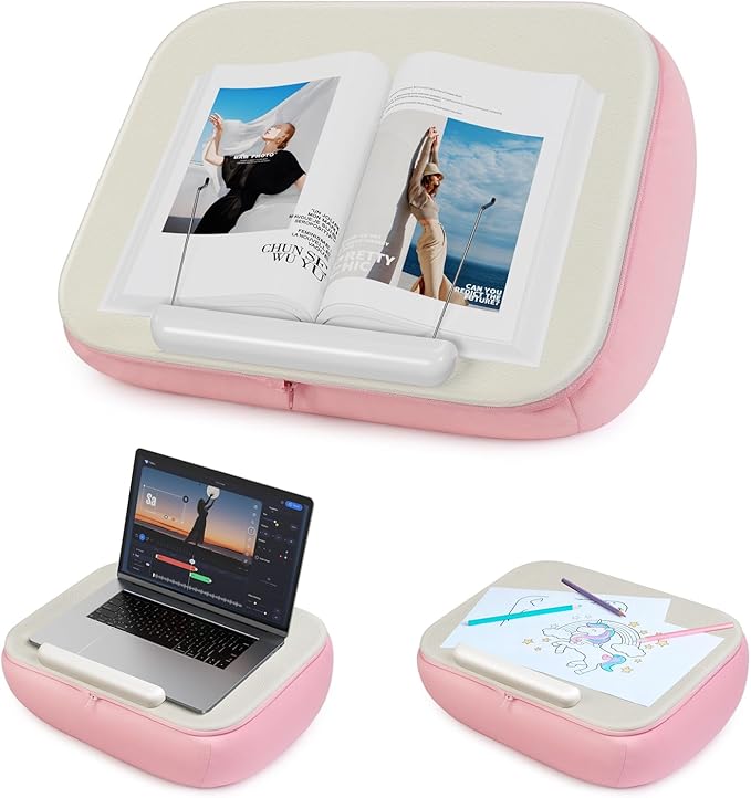 elitehood Bean Bag Laptop Lap Desk, Soft Cushion Stand for Book, Laptop, Tablet, Book Holder for Reading in Bed, Lap Pillow Desk Ideal for Working, Writing and Relaxation on Bed, Couch, Recliner, Pink