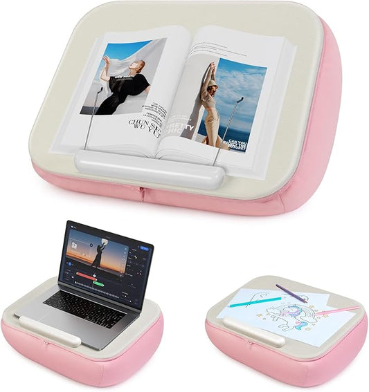 elitehood Bean Bag Laptop Lap Desk, Soft Cushion Stand for Book, Laptop, Tablet, Book Holder for Reading in Bed, Lap Pillow Desk Ideal for Working, Writing and Relaxation on Bed, Couch, Recliner, Pink