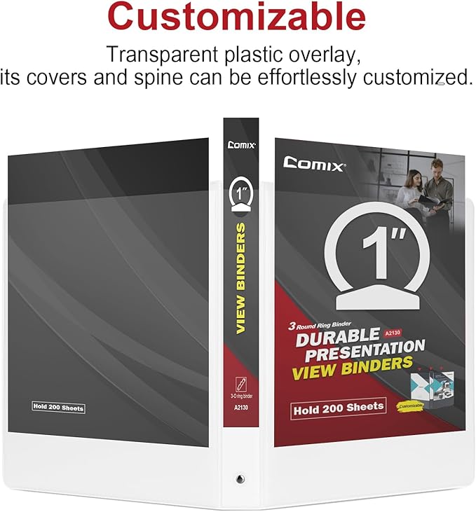 COMIX Sturdy 3 Ring Binder 1 inch with Clear View Cover, 1" Round Ring View Binder, PVC-Free, 200 Sheets Capacity of US Letter Size Paper, Office ＆ School Supplies, 8 Pack (White)