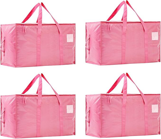 Moving Bags Heavy Duty Extra Large, Moving Boxes, Moving Supplies Essentials,Storage Bins with Lids, Plastic Packing Totes, Storage Bags for Clothes with Handles & Zippers(Pink, 4 Pack)