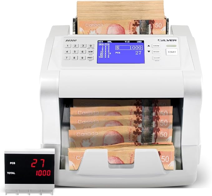 USD EUR CAD GBP MXN Money Counter Machine, Quick Mixed Denomination Bill Counter, Counterfeit Detection UV/MG/IR/DD/MT/DBL/HLF/CHN, with Printer Included, S6500