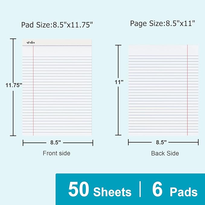 ViVin Legal Pads 8.5 x 11 Inch, Wide Ruled Note Pads, 6 Pack, 50 Sheet/Pad, Perforated Writing Pads, Notepads for Office Home School, 300 Sheets, White Paper