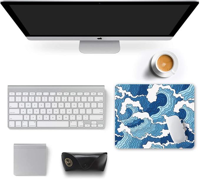 Auhoahsil Mouse Pad, 12 x 10 in Japanese Style Wave Computer Mouse Pad for Desk, Premium-Textured Non-Slip Rubber Stitched Edges Waterproof Square Mouse Mat for Gaming Work Wireless Mice, Blue