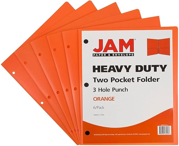 JAM PAPER Heavy Duty Plastic 3 Hole Punch Pocket Folders - Extra Tough School Folders - Orange - 6/Pack