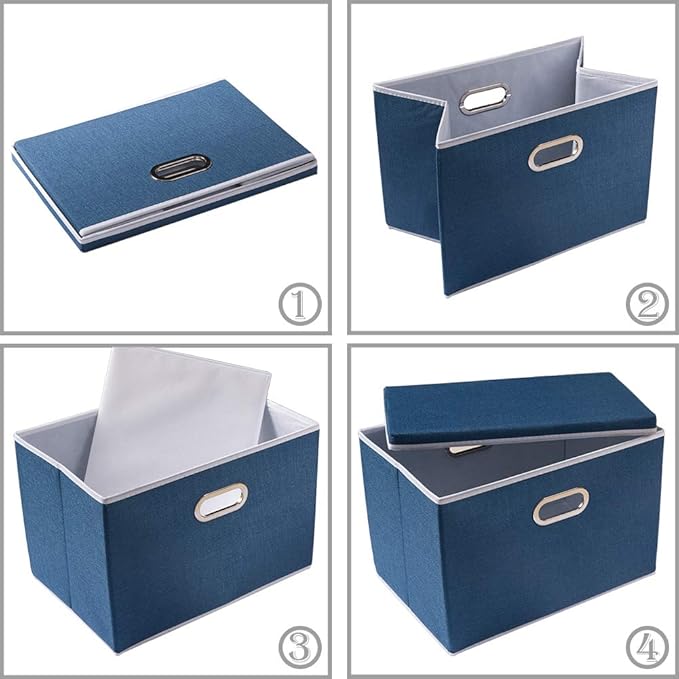PRANDOM Collapsible Storage Bin with Lid [3-Pack] Fabric Foldable Storage Box Organizer Container Basket Cube with Cover for Home Bedroom Closet Office Nursery Royal Blue(14.9x9.8x9.8)
