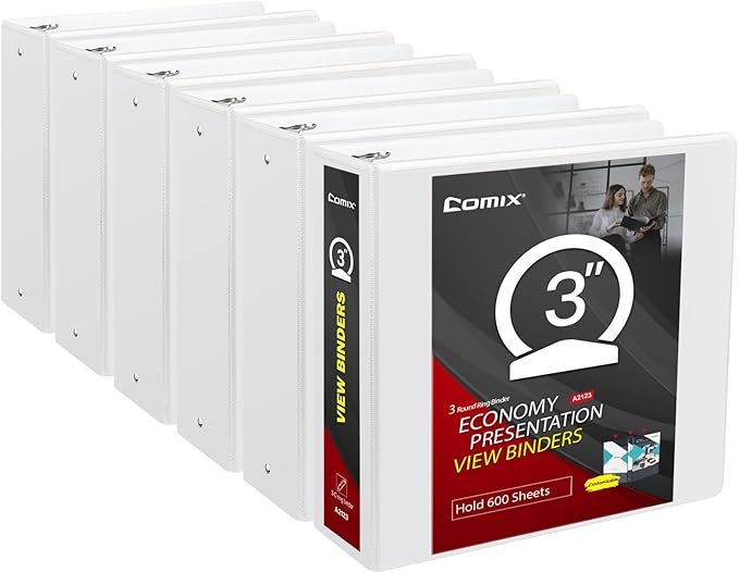 Comix Sturdy 3 inch Round Ring View Binder, Basic 3 Ring Binder 600-Sheet Capacity, Fit 8.5" x 11" Paper, 6 Pack (White)
