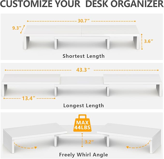 TAVR Furniture Dual Monitor Stand Riser, Computer Monitor Stands for 2 Monitors, Extra Long Multifunctional Desktop Organizer Riser for Computer, Laptop, PC, Printer, TV, Max 43.3" Length, White
