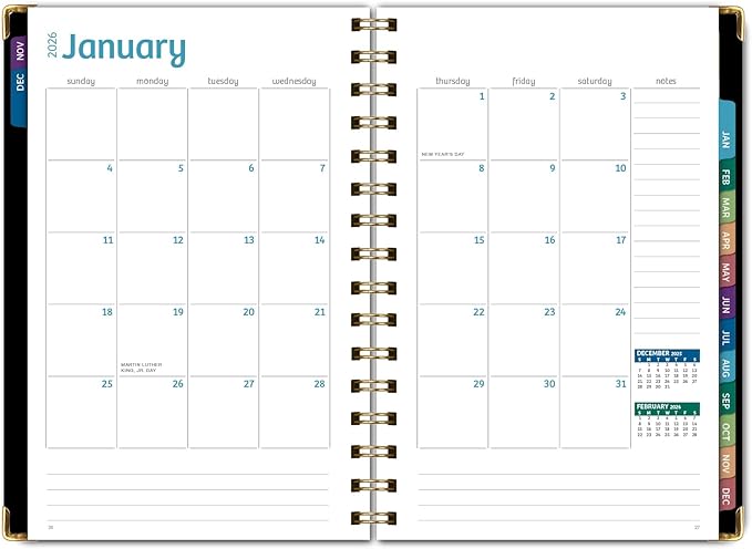 HARDCOVER 2026 Planner, 5.5"x8": 14 Months (November 2025 - December 2026), Daily Weekly Monthly Planner, Yearly Agenda, Bookmark, Pocket Folder and Sticky Note Set (Black Gold Numbers)