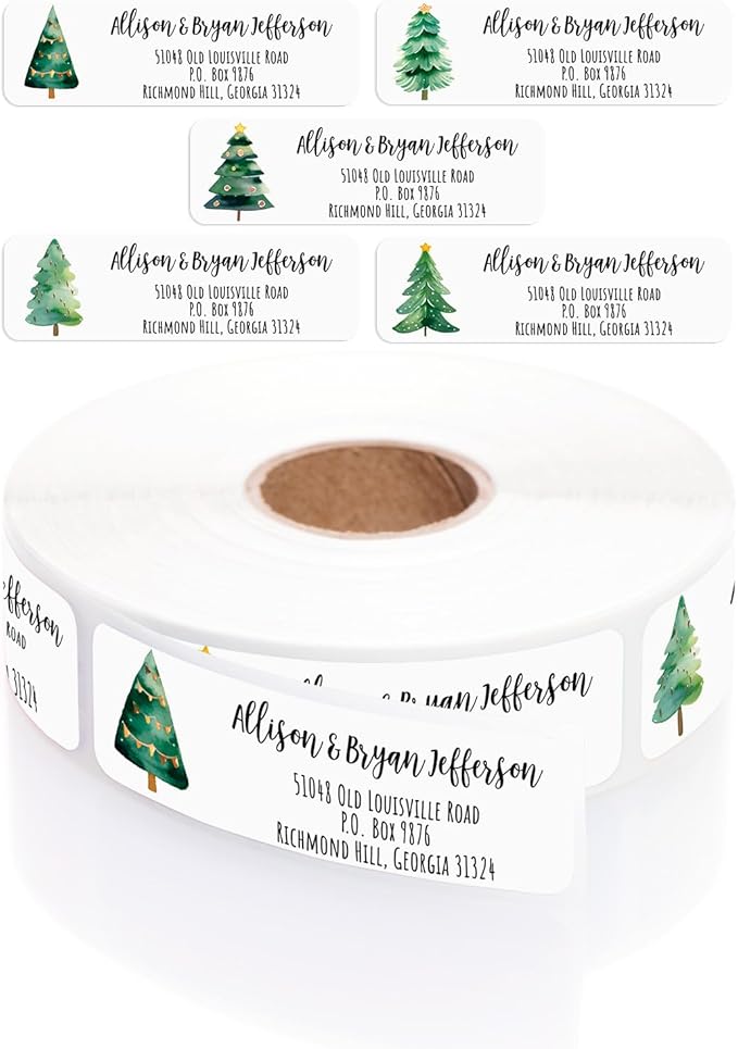 Watercolor Trees Rolled Address Labels / 250 Personalized Return Address Labels/Designer Address Stickers in Elegant Plastic Dispenser