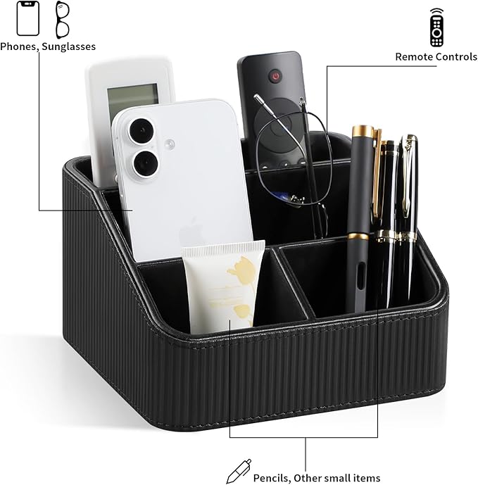 Remote Control Holder with 4 Compartments, PU Leather Small Nightstand Organizer for Home Desk Accessories Office Supplies, Multifunctional Stylish Small Bedside Desktop Organizers (Black)