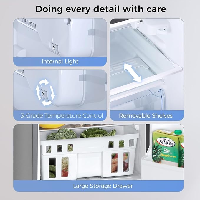 Kismile Mini Fridge with Freezer,3.2 Cu.Ft Compact Mini Refrigerator with Double 2 Door,Adjustable Temperature,Full Size for Home,Kitchen,Dorm,Apartment,Retro Grey