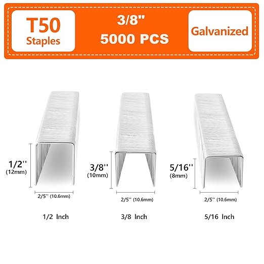 Heavy Duty T50 3/8 inch Staples 5000-Count, 20 Gauge Galvanized, for Pneumatic, Electric, Manual T50 Stapler Gun