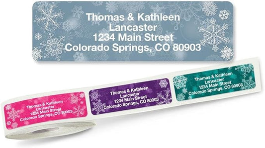 Snowflake Christmas Holiday Rolled Personalized Return Address Mailing Labels with Dispenser, Set of 500, 5 Designs, Small ¾ x 2½ Inch Size, Custom Self-Adhesive Sticker Roll, by Colorful Images