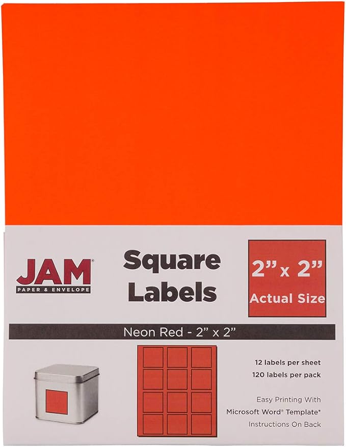 JAM PAPER Product & Container Labels - Square - 2 x 2 - Neon Deep Red/Orange - 120/Pack