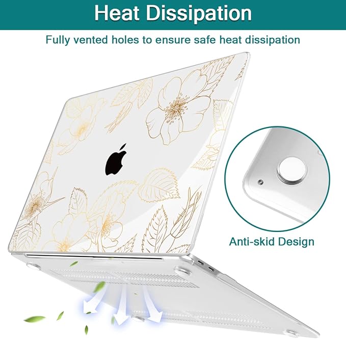 Teryeefi for 2022 2020 MacBook Pro 13 inch Case M2/M1 Chip (Model A2338 A2289 A2251 with Touch Bar), Plastic Hard Shell Case & Keyboard Cover & Screen Protector, Gold Floral Leaf