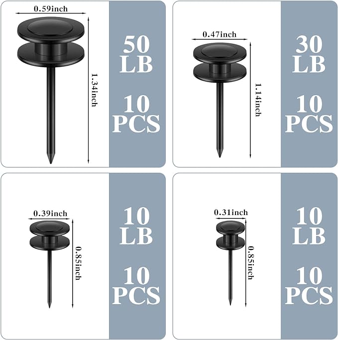 Ferraycle 40 Piece Double Headed Picture Hangers Nails 4 Size Long Thumb Tacks for Wall Hanging Decorative Nails Push Pins Picture Hooks for Drywall Photo Decor, 10/20/ 30/ 50lb(Black)