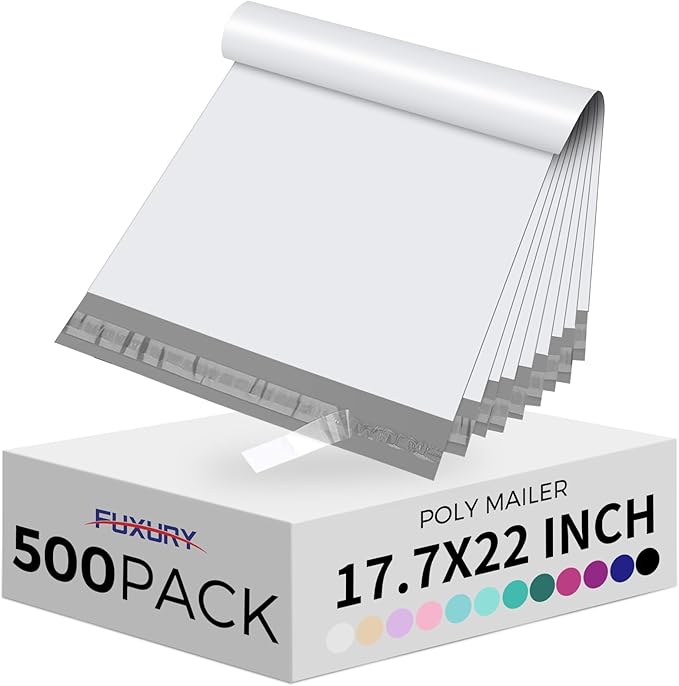 Fuxury 500 Pack 17.7x22" White Large Poly Mailers Bulk,Waterproof Mailing Envelopes for Clothing,XL Strong Adhesive Self Seal Poly Shipping Bags for Postage Return Books Small Business