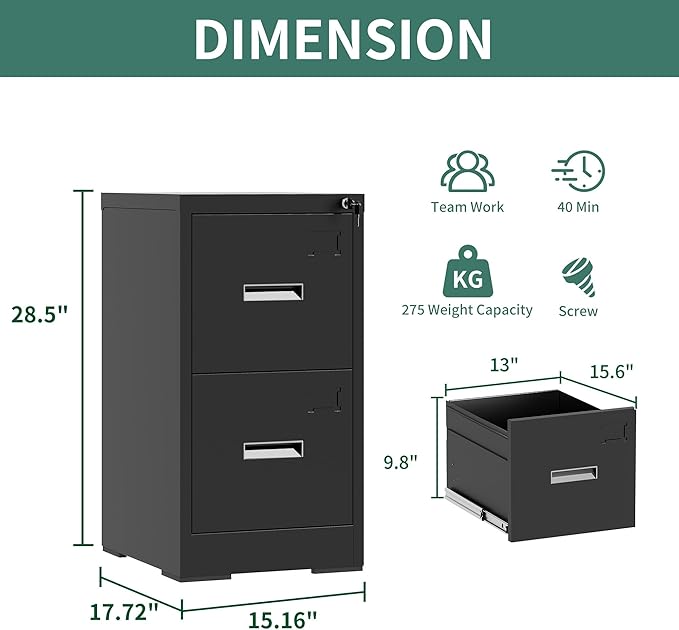 2 Drawer File Cabinets with Lock, Black Vertical Filing Cabinet for Home Office, Heavy Duty Metal Storage Cabinets Office Steel Cabinet for Letter Legal Size Files, Assembly Required