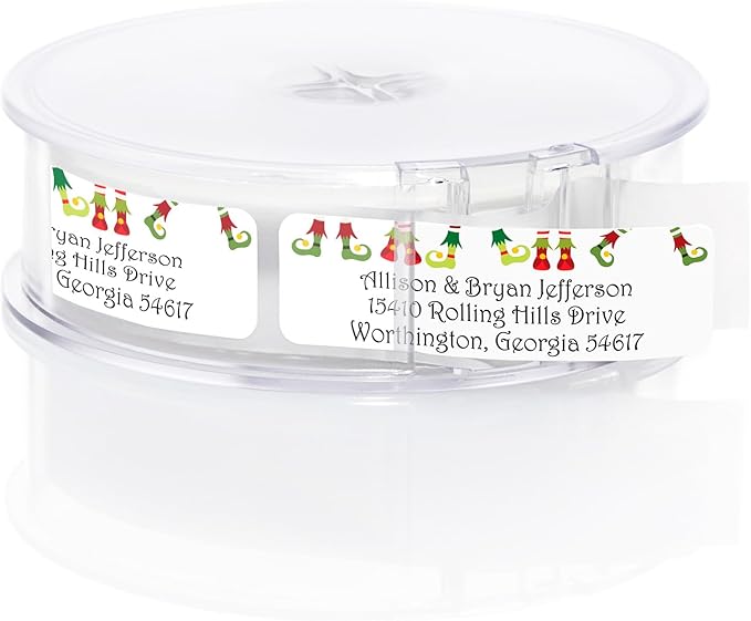 Whimsical Elf Shoes Rolled Address Labels / 250 Personalized Return Address Labels/Designer Address Stickers in Elegant Plastic Dispenser