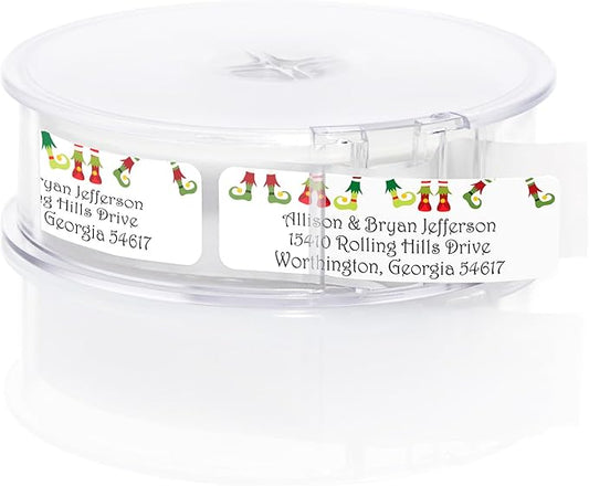 Whimsical Elf Shoes Rolled Address Labels / 250 Personalized Return Address Labels/Designer Address Stickers in Elegant Plastic Dispenser