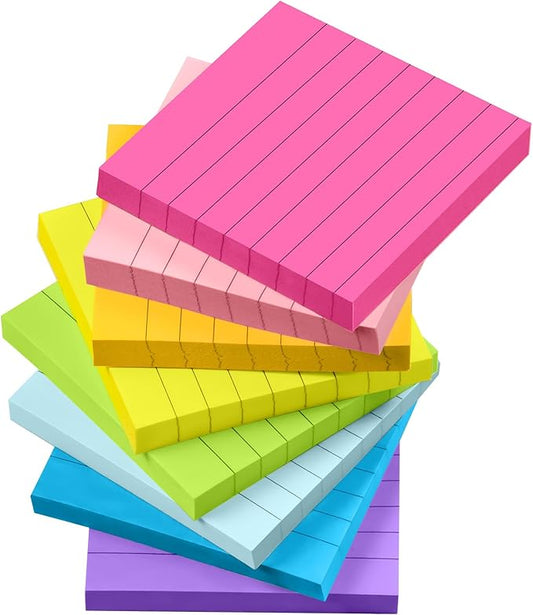 8 Pads Lined Sticky Notes 3x3 inch Self-Stick Notes Bright Colors Sticky Note for Office Home School