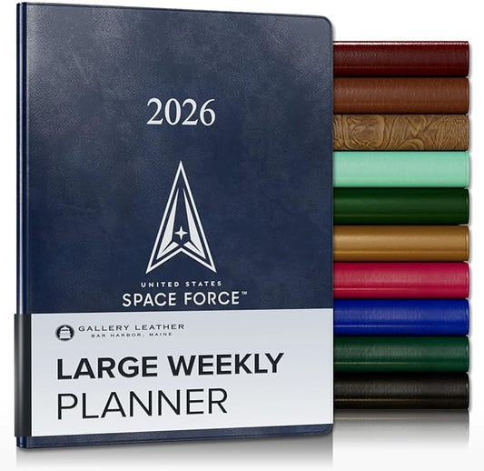 Gallery Leather Large Weekly Monthly Planner 2025-2026, Elegantly Bound Calendar Planner and Notebook with Stylish Gold-Gilded Page Edges, 12 Months - Acadia Navy - US Space Force - 9.75 x 7.5 "