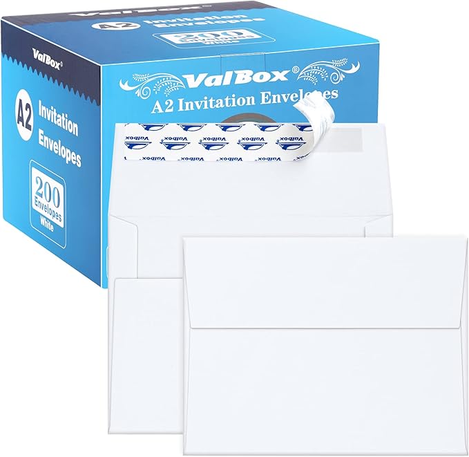 ValBox A2 Invitation Envelopes 4.375x5.75" White Envelopes Self Seal for Invitations, Photos, Wedding, Announcements, Thank you Notes, RSVP, Greeting Cards, 4-3/8 x 5-3/4 Inches (Pack of 200)