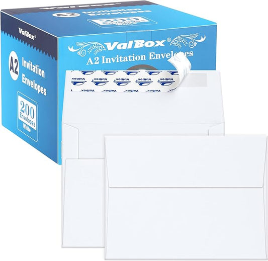 ValBox A2 Invitation Envelopes 4.375x5.75" White Envelopes Self Seal for Invitations, Photos, Wedding, Announcements, Thank you Notes, RSVP, Greeting Cards, 4-3/8 x 5-3/4 Inches (Pack of 200)