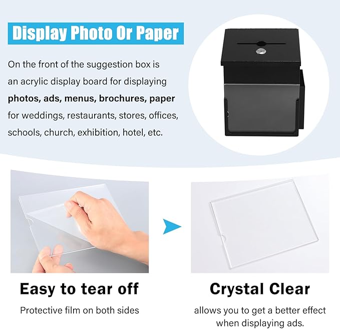 xydled Suggestion Box with Key Lock Acrylic Sign Holder, Metal Donation Ballot Drop Box with Slot Tip Jar for Office, Fundraising, Church, School,8.9''x7.1''x6.3'', Black
