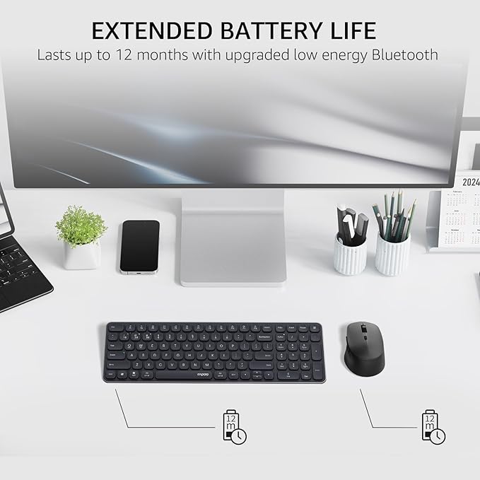Rapoo Wireless Keyboard and Mouse Combo, Blade-Series E9310M 99-Key Ultra-Thin Keyboard and M300G Silent Mouse, Support 4 Devices, Quiet, Compact, Battery Powered, for Windows/Mac/Linux/Chrome