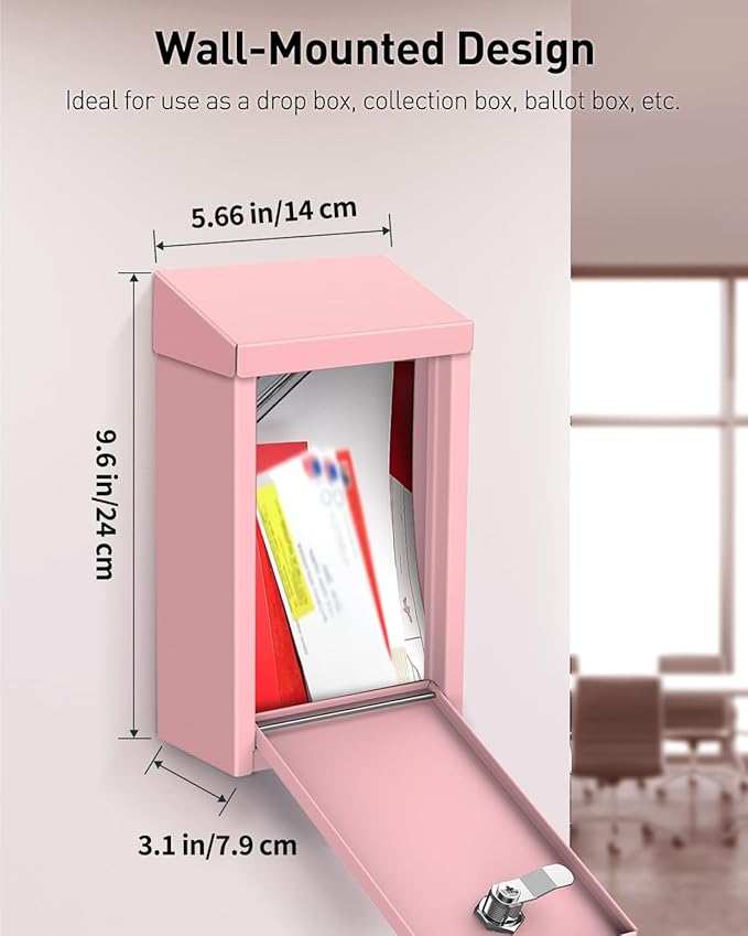 Uniclife Pink Key Drop Box for Outside, Metal Safe Suggestion Box with Key Lock, Collection Boxes Donation Chest, Wall Mounted Mailbox with Top Slot, Steel Cash Drop Chest for Home Office Business
