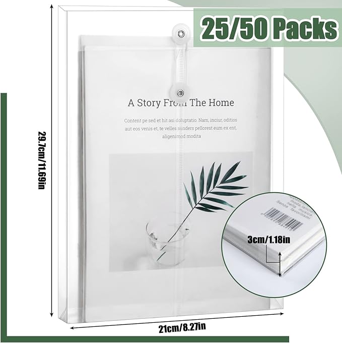 50 Pcs A4 Size Clear Plastic Poly Envelopes with String Closure, Expandable Files Document Folder, Reusable Large Capacity File Bag for School Office and Home(50 Pcs)
