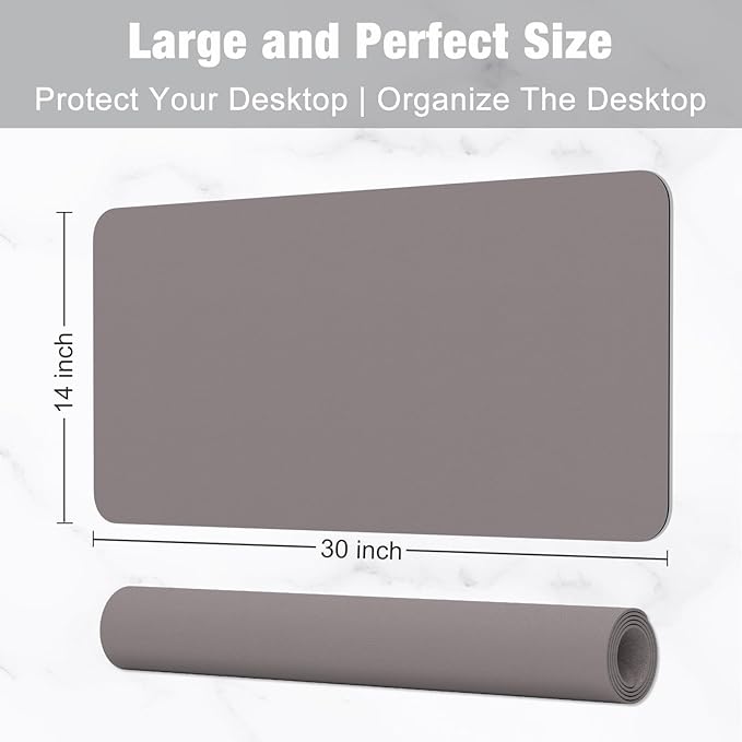 Hsurbtra Desk Pad, 30" x 14" PU Leather Desk Mat, XL Extended Mouse Pad, Waterproof Desktop Blotter Protector, Non-Slip Ultra Thin Large Laptop Keyboard Writing Mat for Office Home, Light Gray