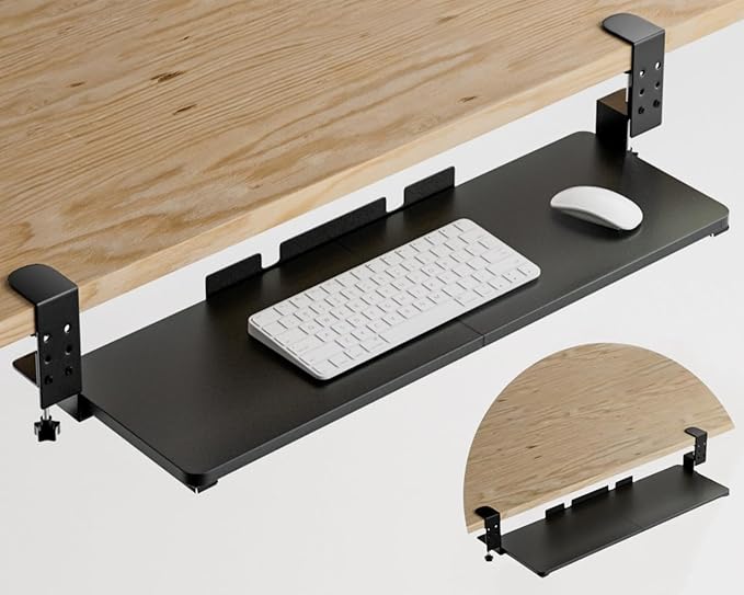 Large Keyboard Tray Under Desk, Adjustable Keyboard Tray with C-Clamp Hardware 29.5″ W x 9.5″ D Slide Out Computer Keyboard & Mouse Tray for Typing Home Office Black
