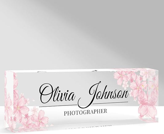Custom Name Plate for Desk, Personalized Acrylic Office Name Sign with Name & Title, Elegant Desk Decor for Women Men, Employee Appreciation Gift (Peach Bossom)