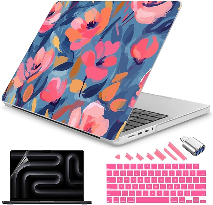 Teryeefi 3D Print Hard Shell Case for MacBook Pro 16 inch, M4 M3 M2 M1 Chip Pro Max 2025 2024-2021,fits Model A3403 A3186 A2991 A2780 A2485 with Type C Adapter & Keyboard Skin-Abstract Pink Flower